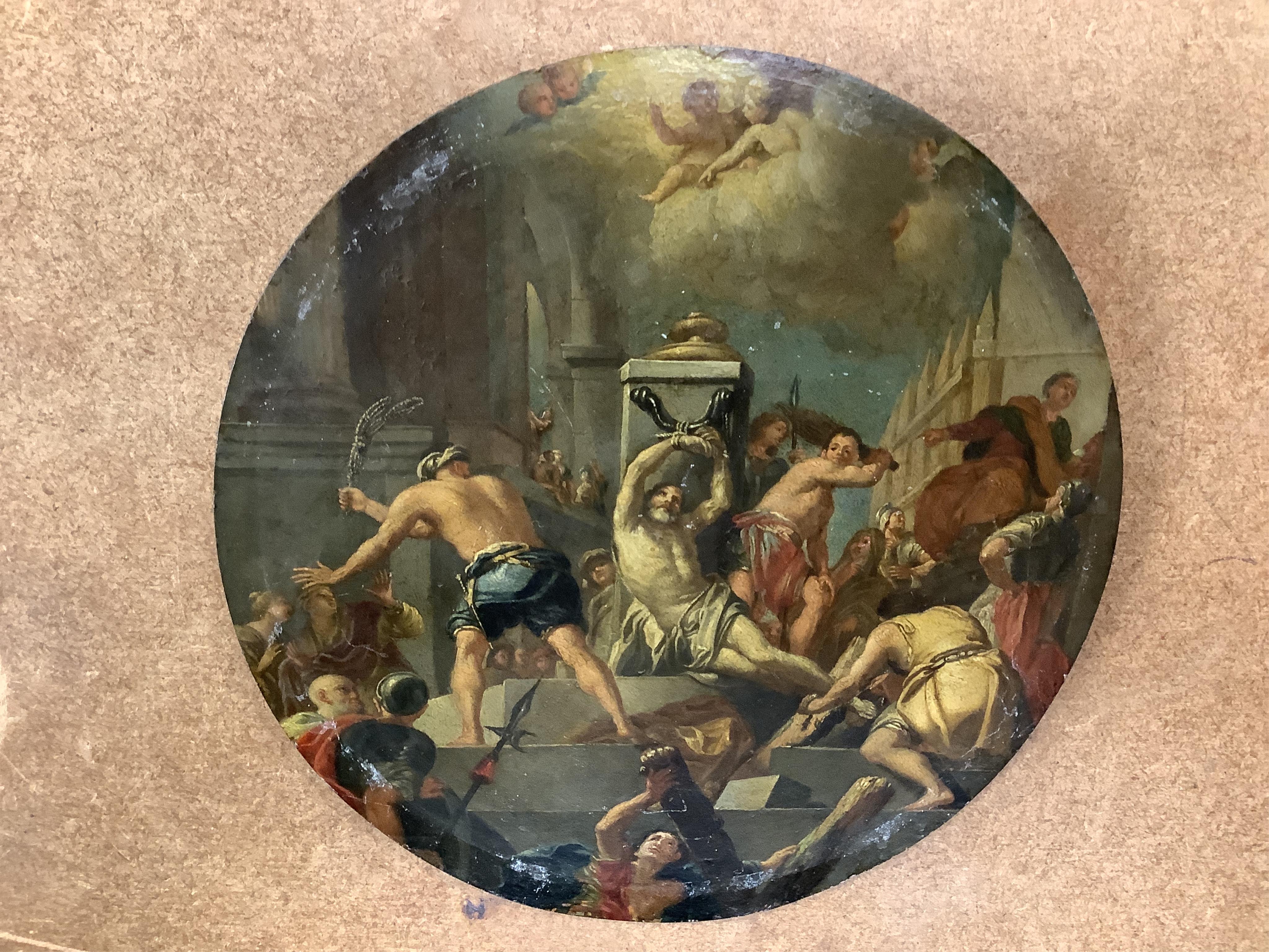 After Domenichino (1581-1641), 18th century, Old Master, tondo oil on copper panel, Religious scene, 18cm diameter, ornate gilt framed. Condition - fair